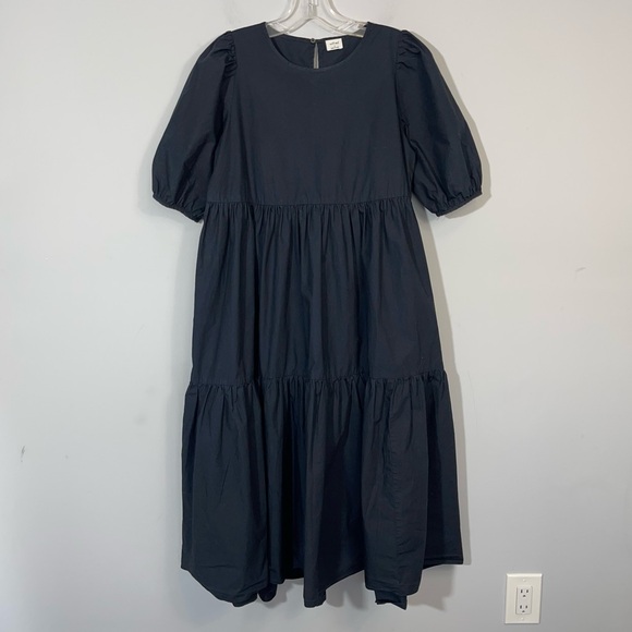 Aritzia Wilfred Rengo Dress Puff Cap Sleeve Tiered Cotton Black Maxi Midi Boho S - Picture 3 of 14